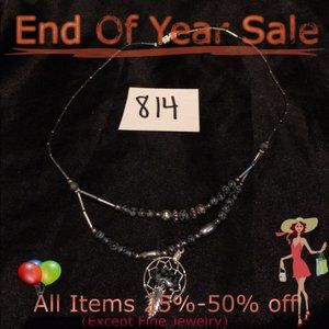 Silver Metal and Black Stone Necklace